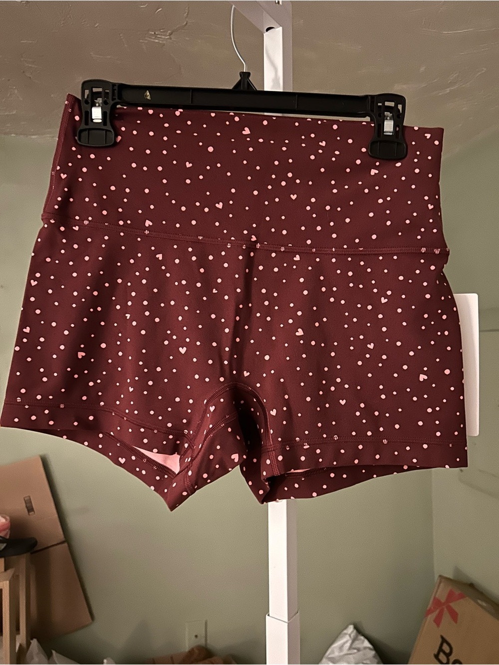 High-Waist Maroon Polka Dot Women’s Active Shorts with hearts too